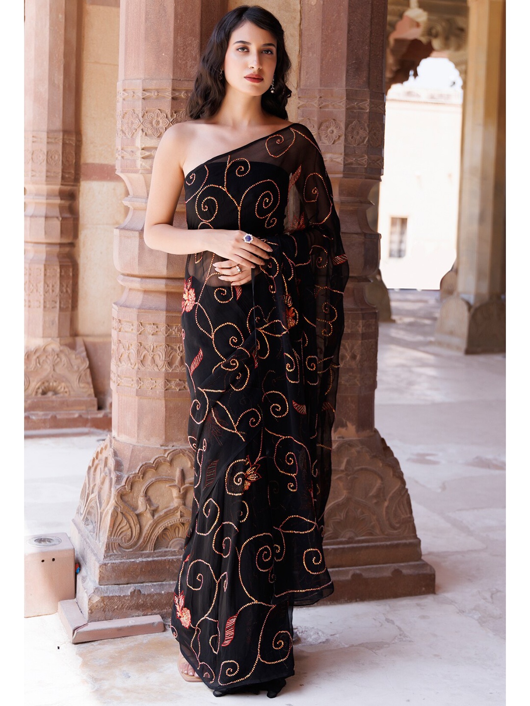

Geroo Jaipur Handcrafted Sequins Jaal Chiffon Saree, Black
