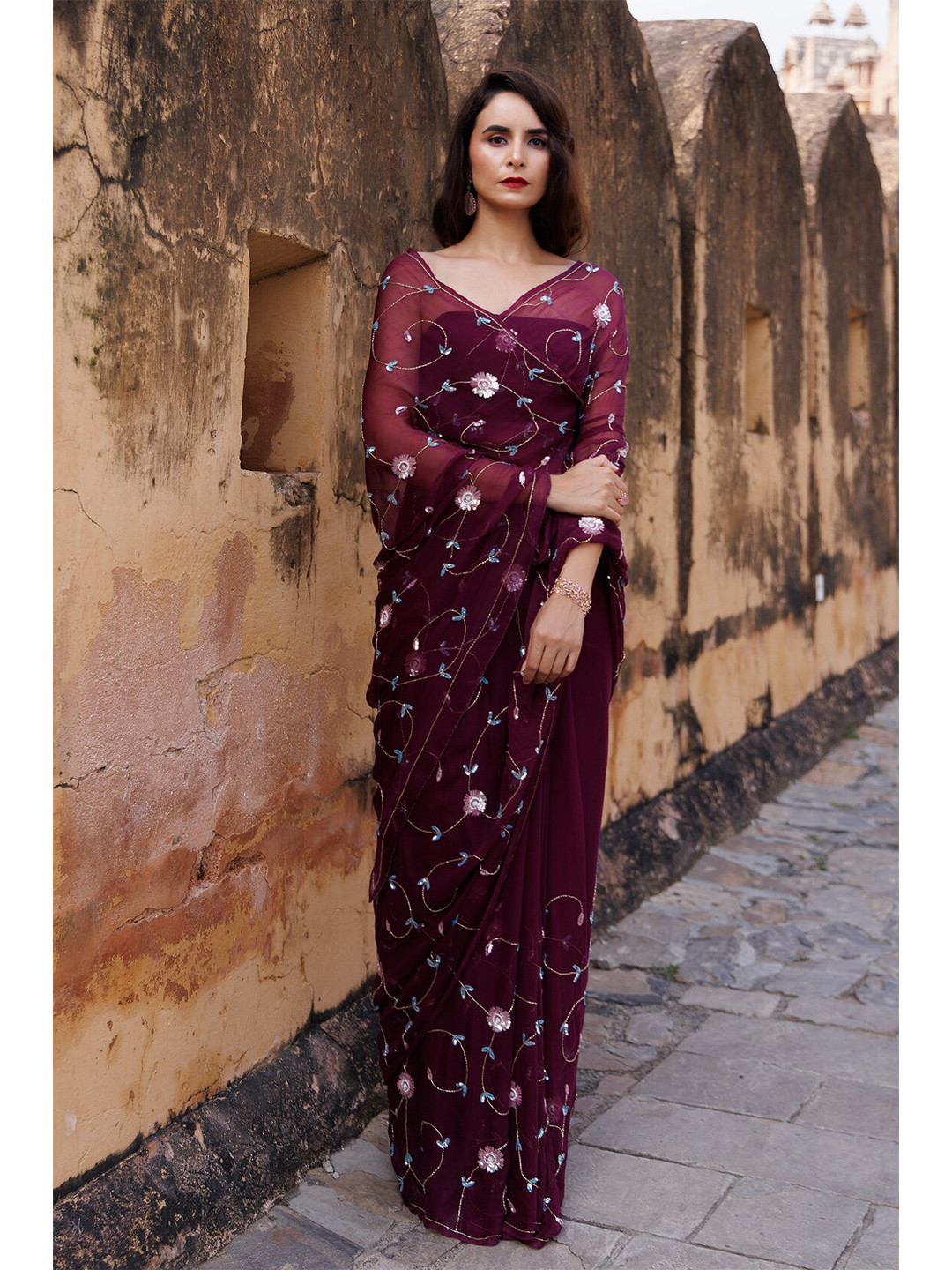 

Geroo Jaipur Hand Embroidered Sequins-Tube Jaal Chiffon Saree, Purple