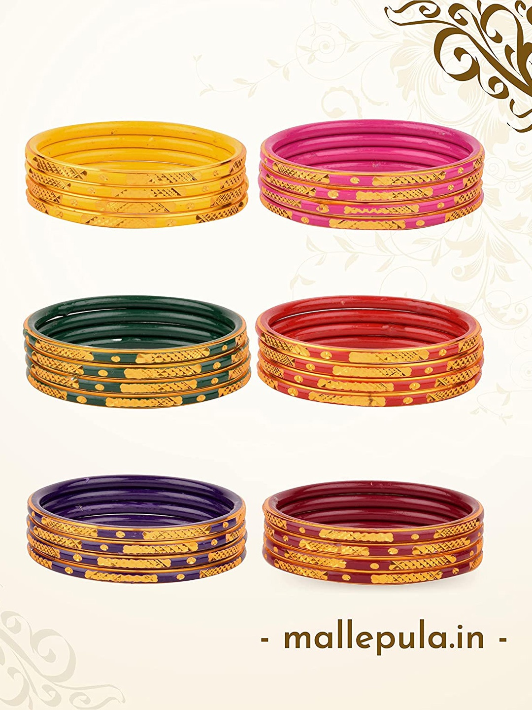 

Mallepula Set Of 24 Gold-Toned Pink & Purple Designed Bangles