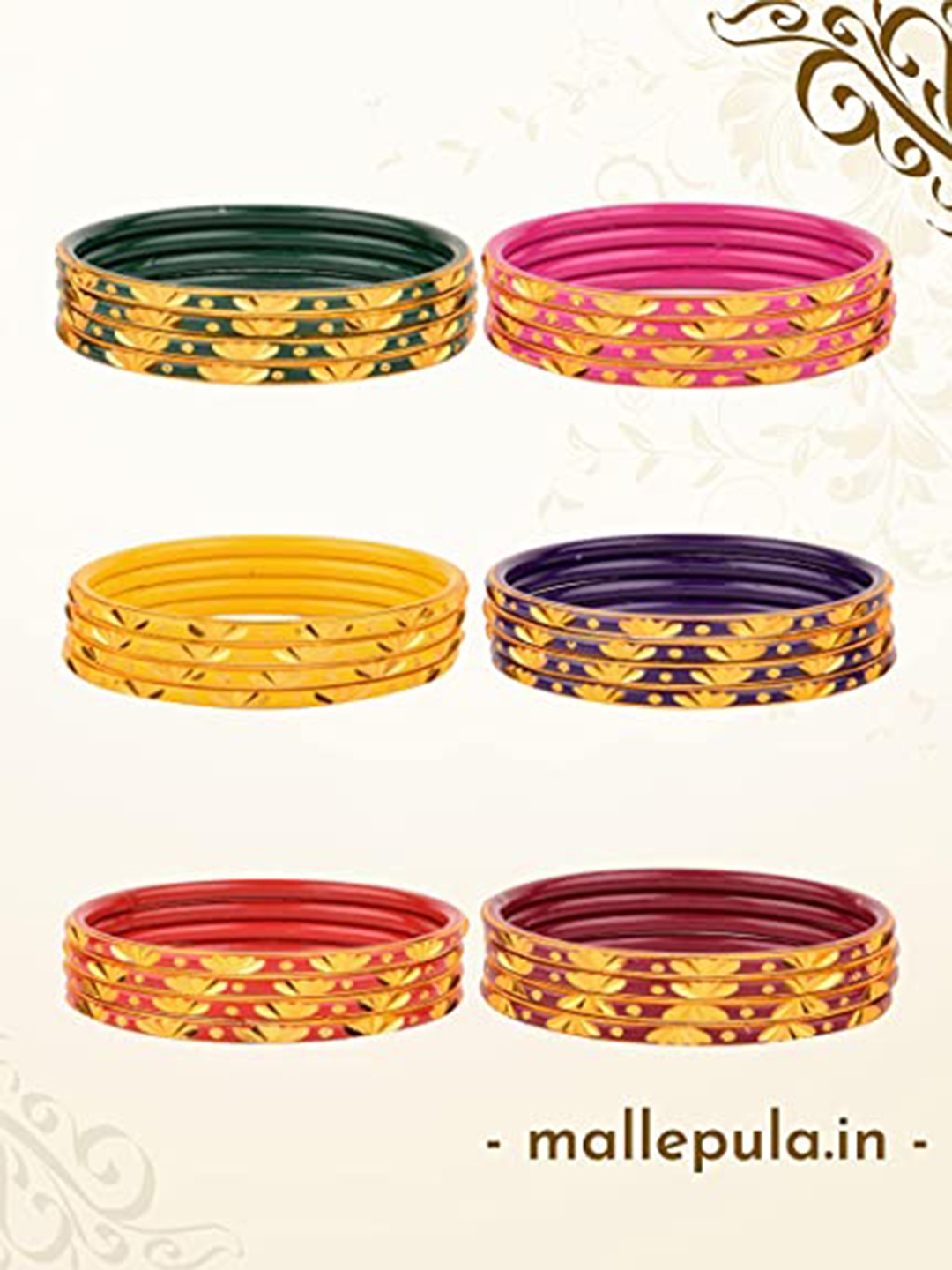 

Mallepula Set Of 24 Gold-Toned & Green Designed Bangles