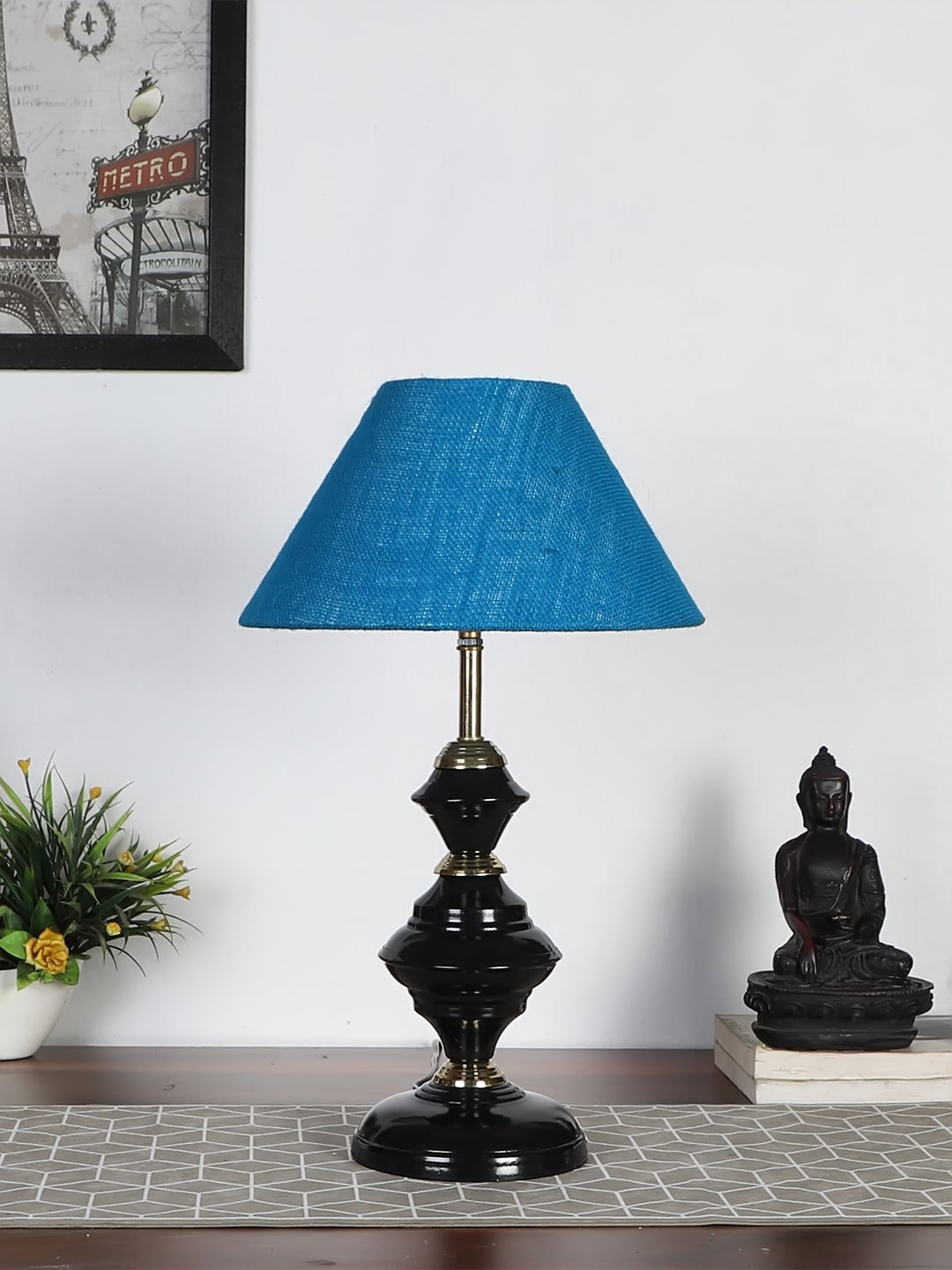 

Devansh Turquoise Blue & Black Solid Table Lamp With Shade