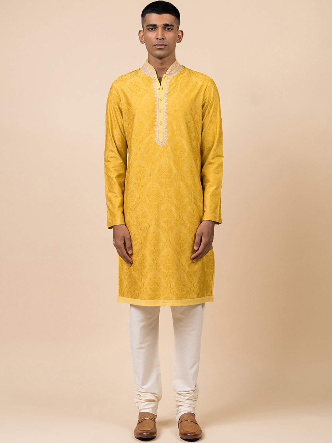 

Tasva Men Yellow Thread Work Kurta with Churidar