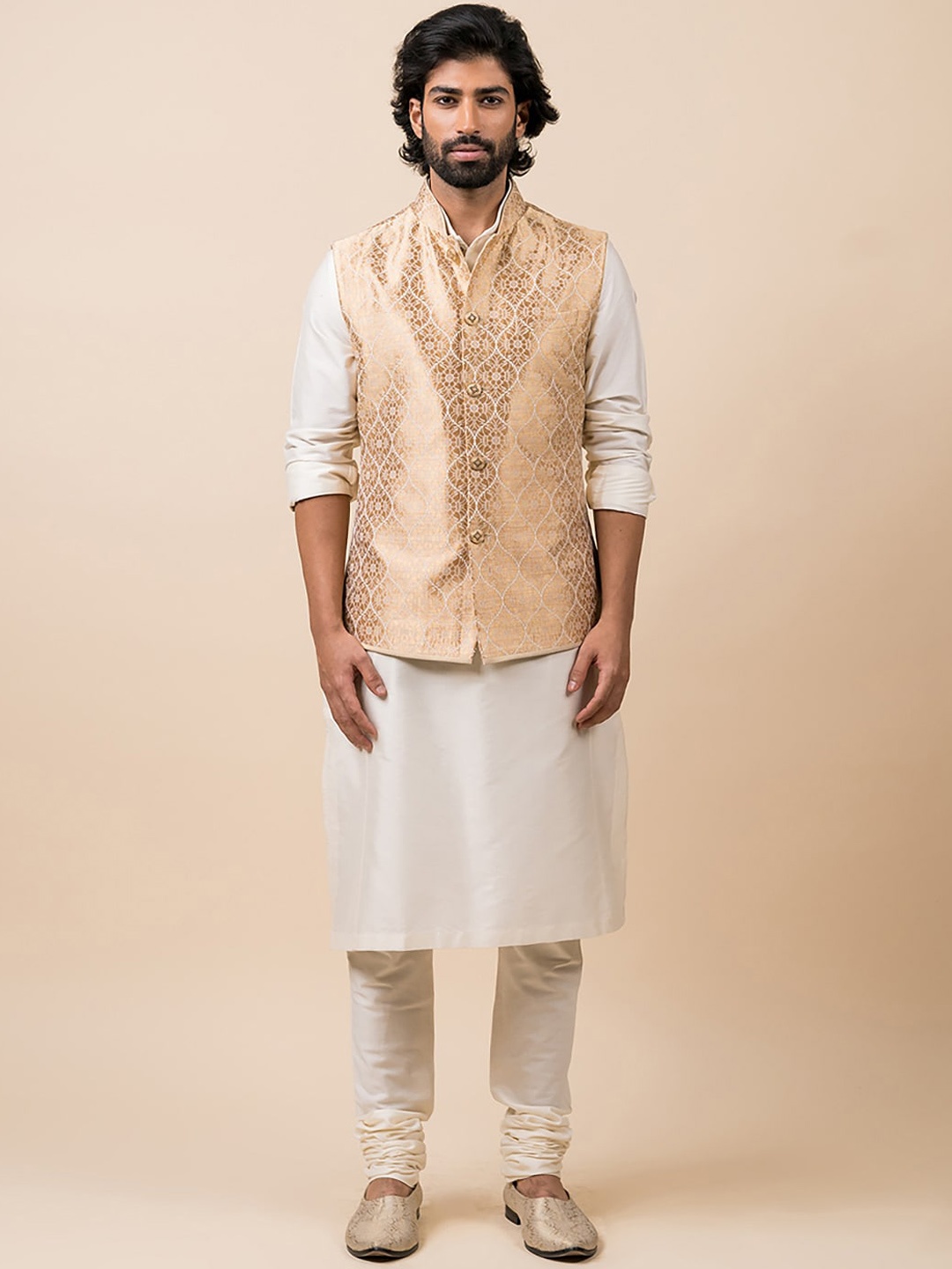 

Tasva Men Gold-Coloured Woven Design Nehru Jackets