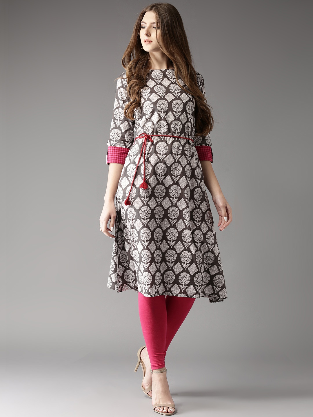 

HERE&NOW Grey & White Ethnic Motifs Printed Cotton Kurta, Brown