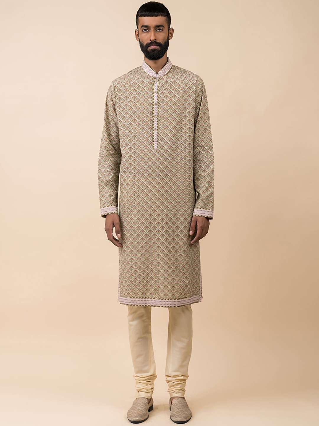 

Tasva Men Sea Green & Beige Ethnic Motifs Printed Pure Cotton Kurta with Churidar