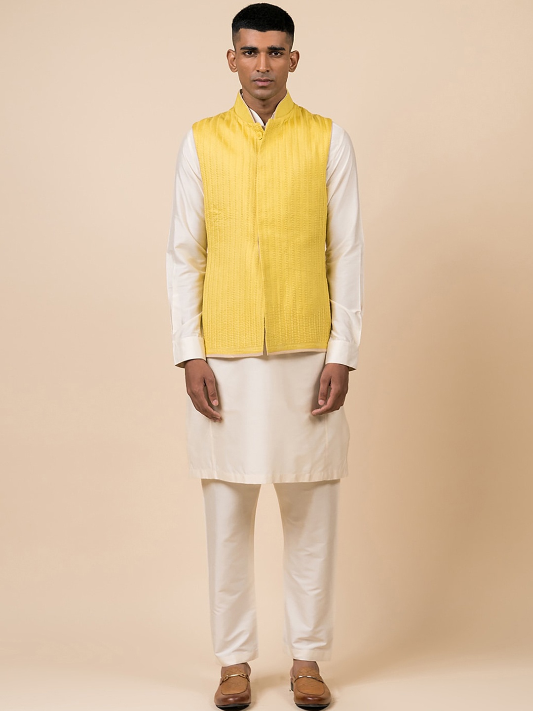 

Tasva Men Gold-Toned Kurta with Trousers & Nehru jacket