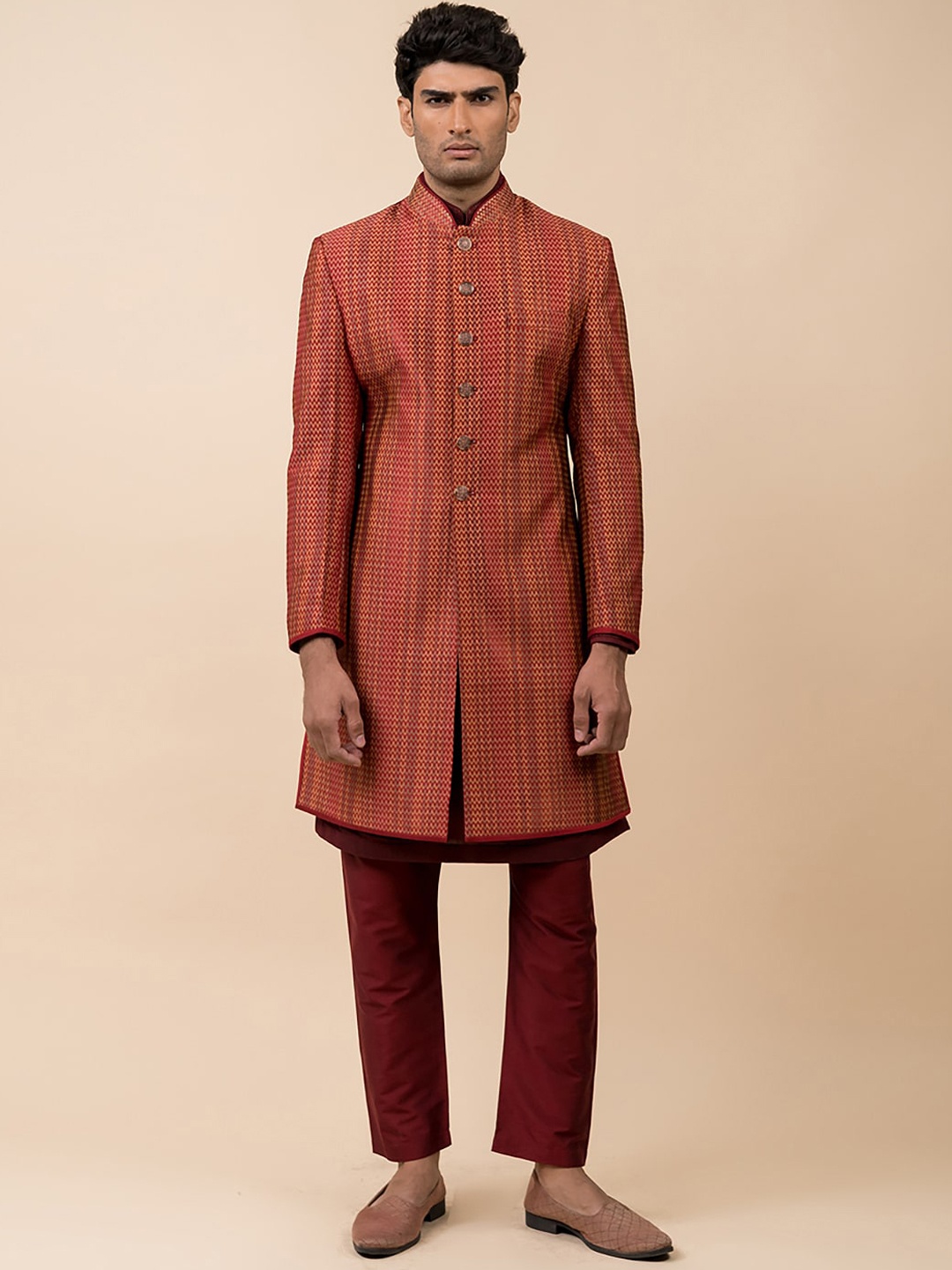 

Tasva Men Maroon Embroidered Sherwani