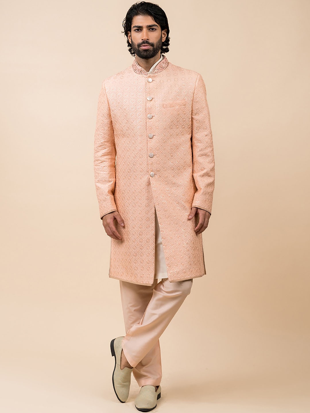 

Tasva Men Peach Embroidered Silk Blend Sherwani