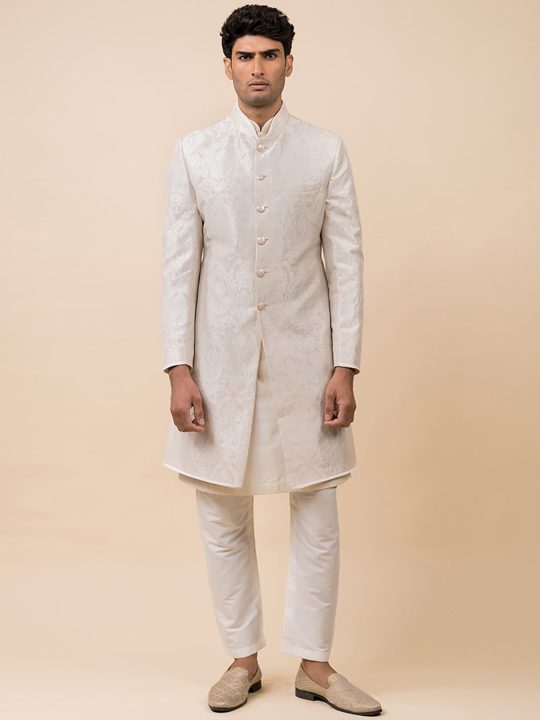 

Tasva Men Off White Cotton Woven Design Sherwani