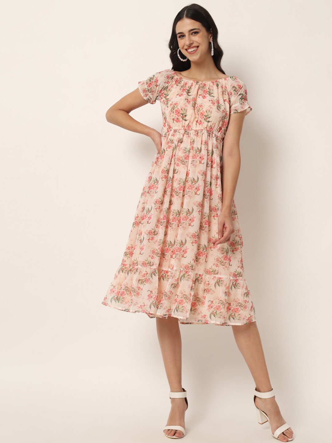 VAIRAGEE Off Women White & Pink Floral Off-Shoulder Georgette Midi Dress, Off white