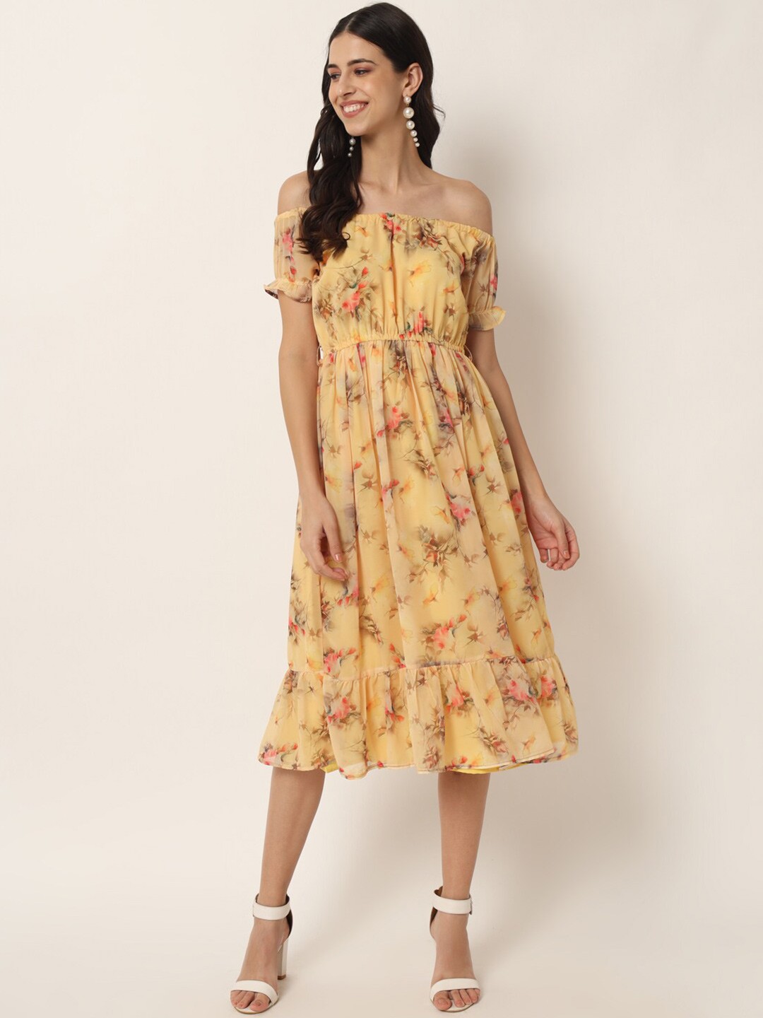 

VAIRAGEE Women Yellow Floral Off-Shoulder Georgette Midi Dress