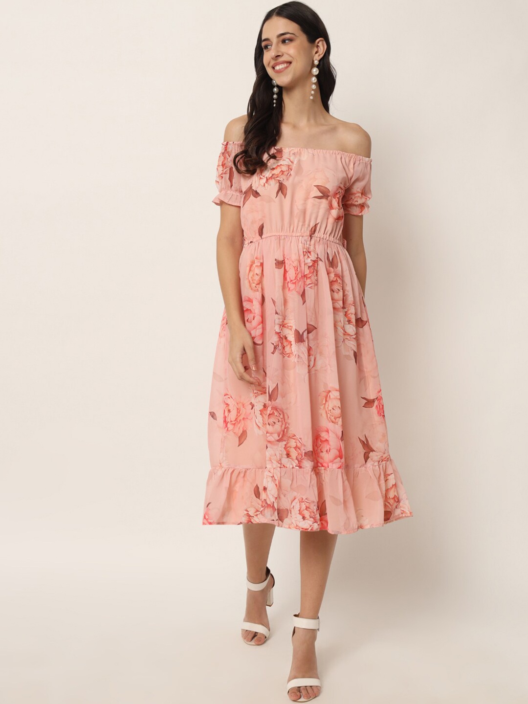 

VAIRAGEE Women Peach-Coloured Floral Off-Shoulder Georgette Midi Dress