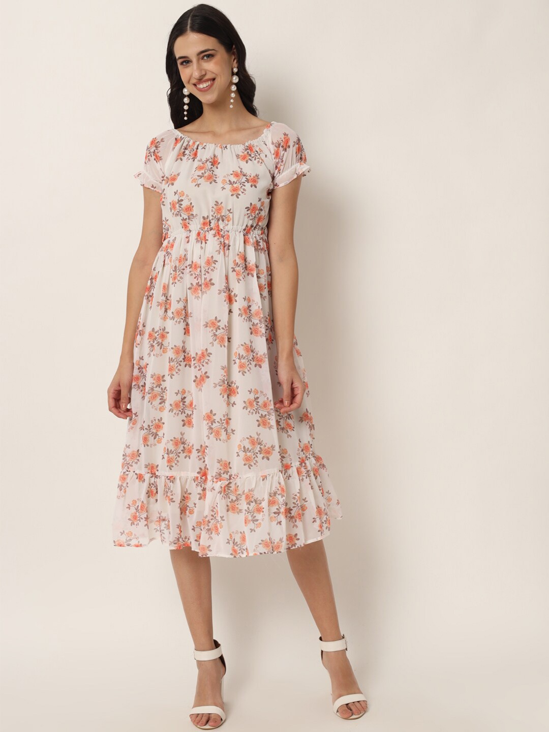 VAIRAGEE White & Orange Floral Off-Shoulder Georgette Midi Dress