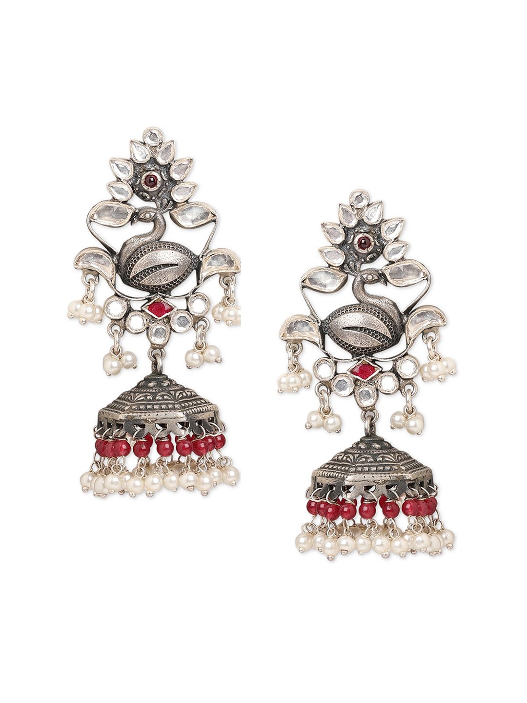 

ahilya Silver-Toned & Red Silver Plated Contemporary Jhumkas Earrings