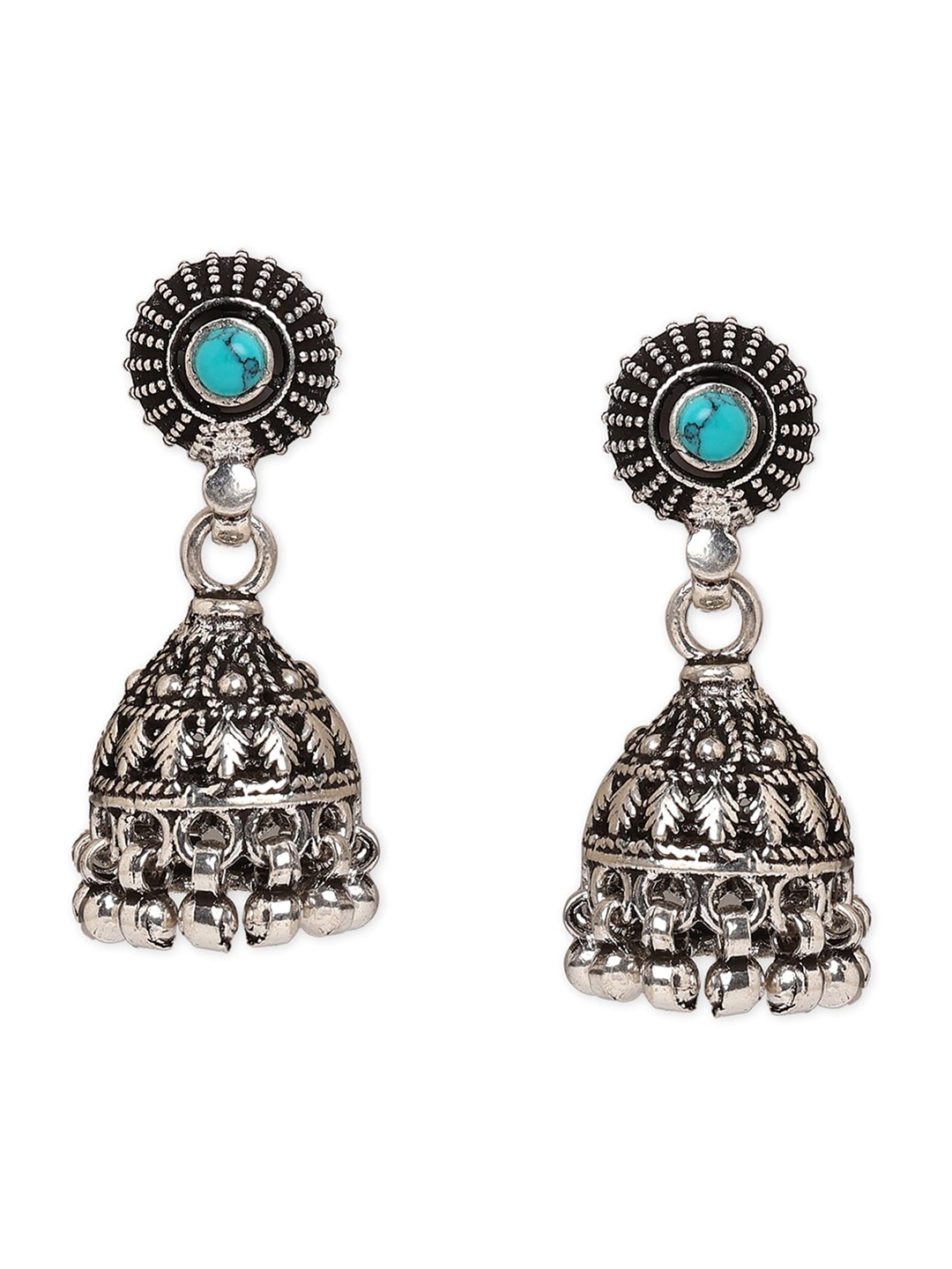 

ahilya Silver-Toned & Blue Oxidised Contemporary Jhumkas Earrings
