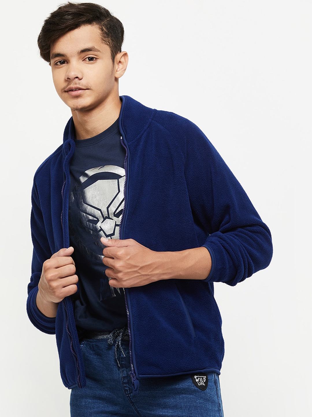 

max Boys Blue Solid Windcheater Open Front Jacket