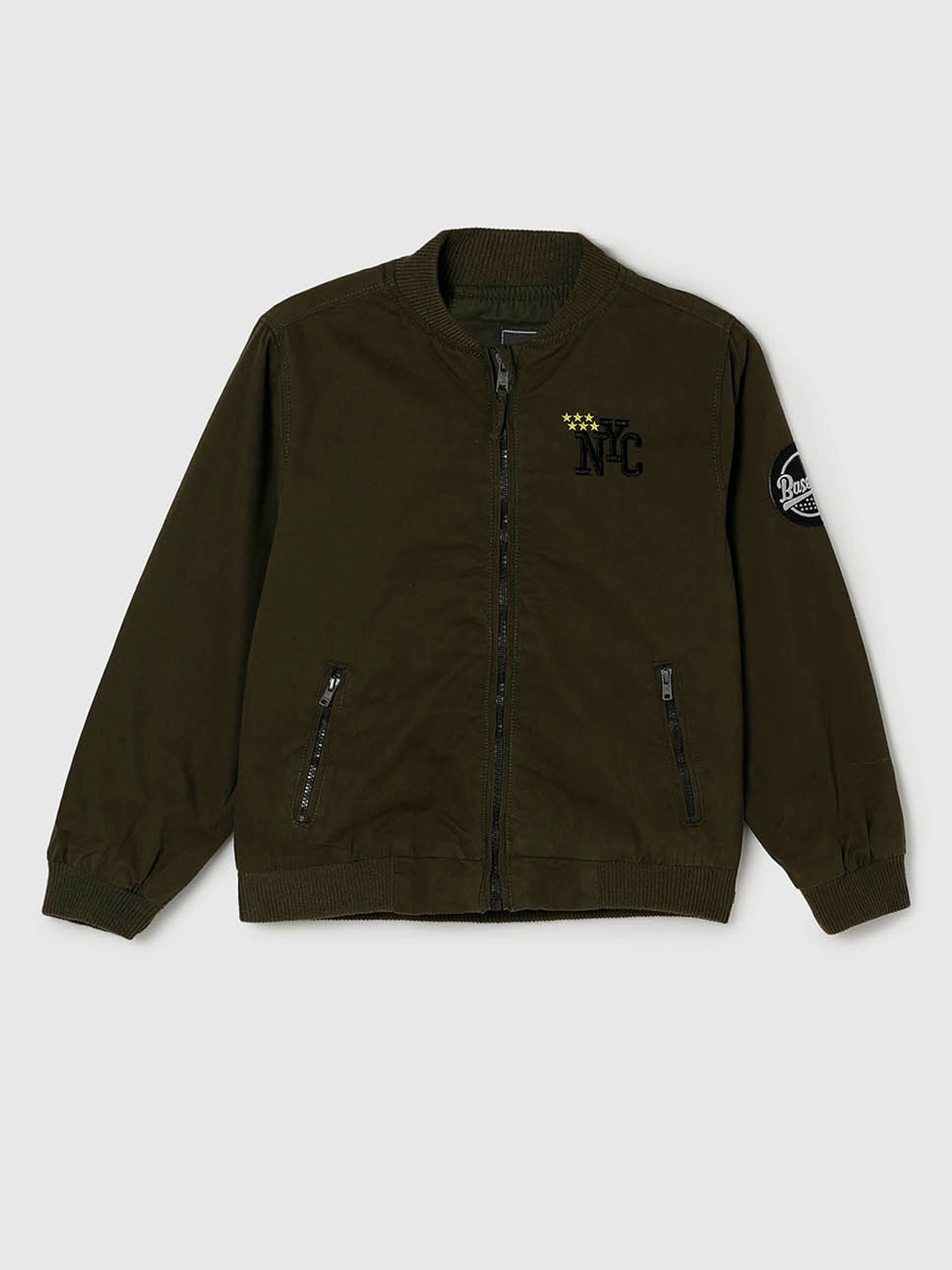 

max Boys Olive Green Solid Cotton Bomber Jacket