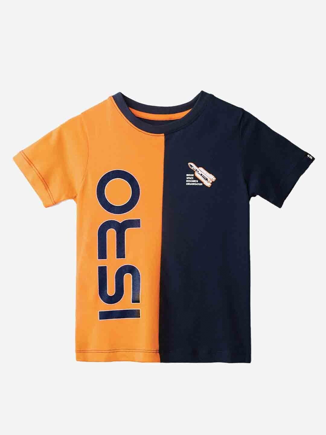 

The Souled Store Boys Mustard Yellow & Navy Blue Colourblocked Pure Cotton T-shirt