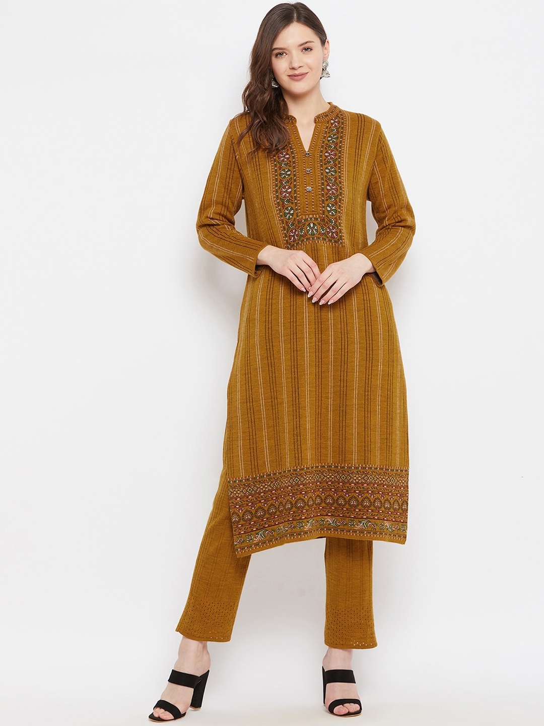 

Knitstudio Women Mustard Yellow Woven Design Kurta with Trousers