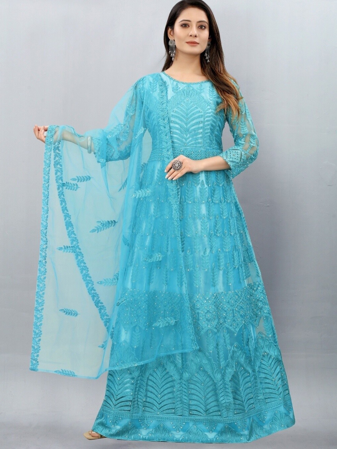 

APNISHA Turquoise Blue Embellished Net Ethnic Maxi Maxi Dress
