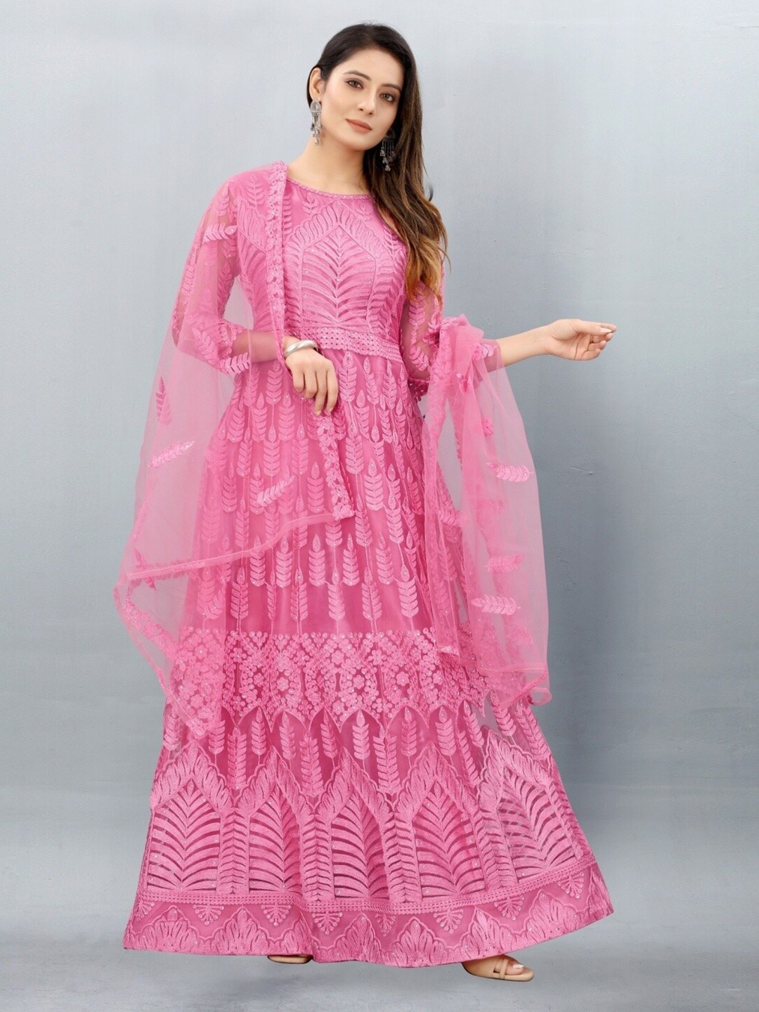 

APNISHA Peach-Coloured Floral Embroidered Net Ethnic Maxi Dress