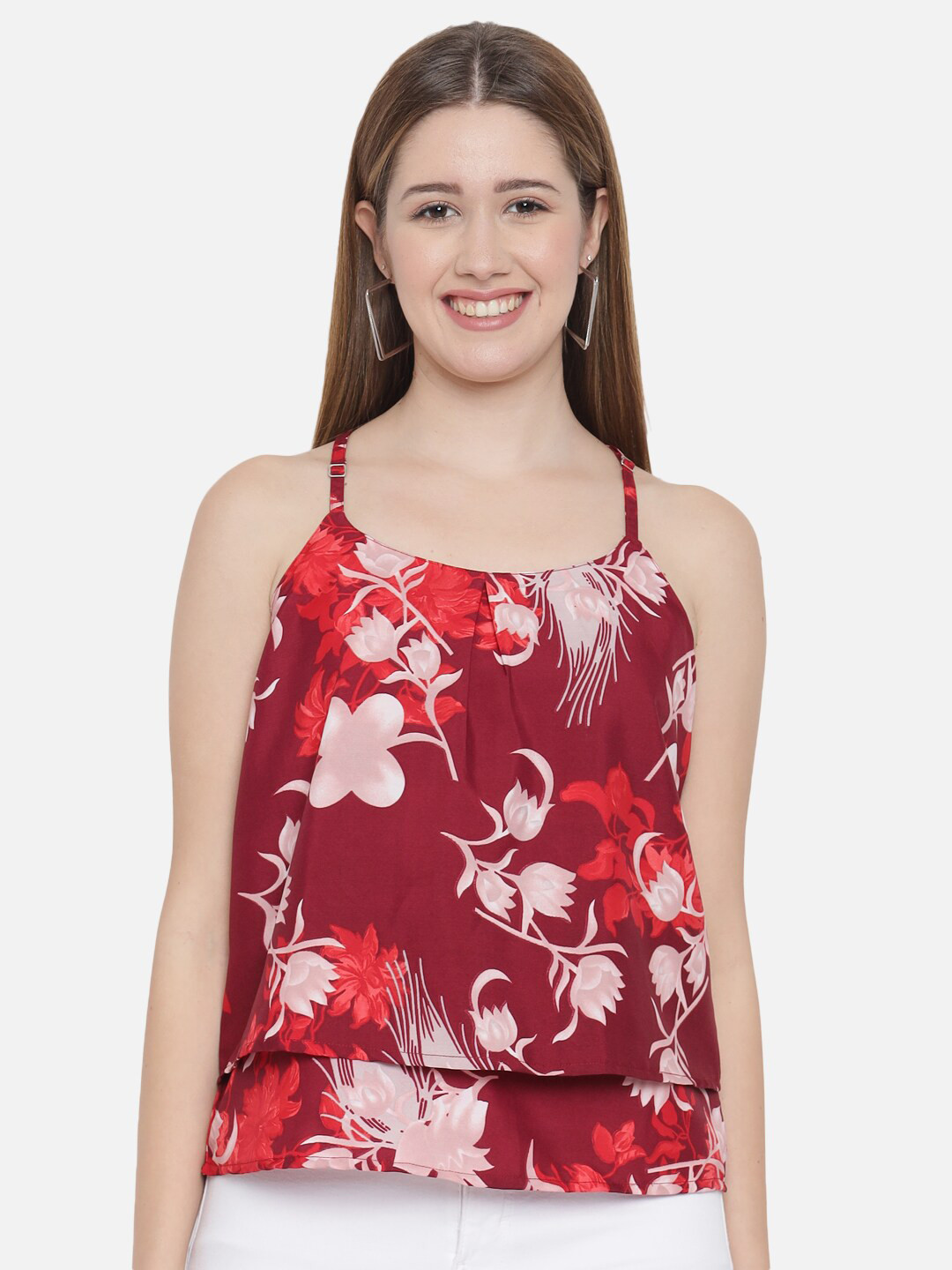 

Indietoga Red Floral Printed Crepe Top