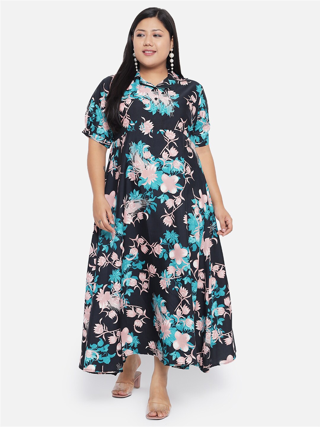 

Indietoga Black & Pink Plus Size Floral Crepe Maxi Maxi Dress