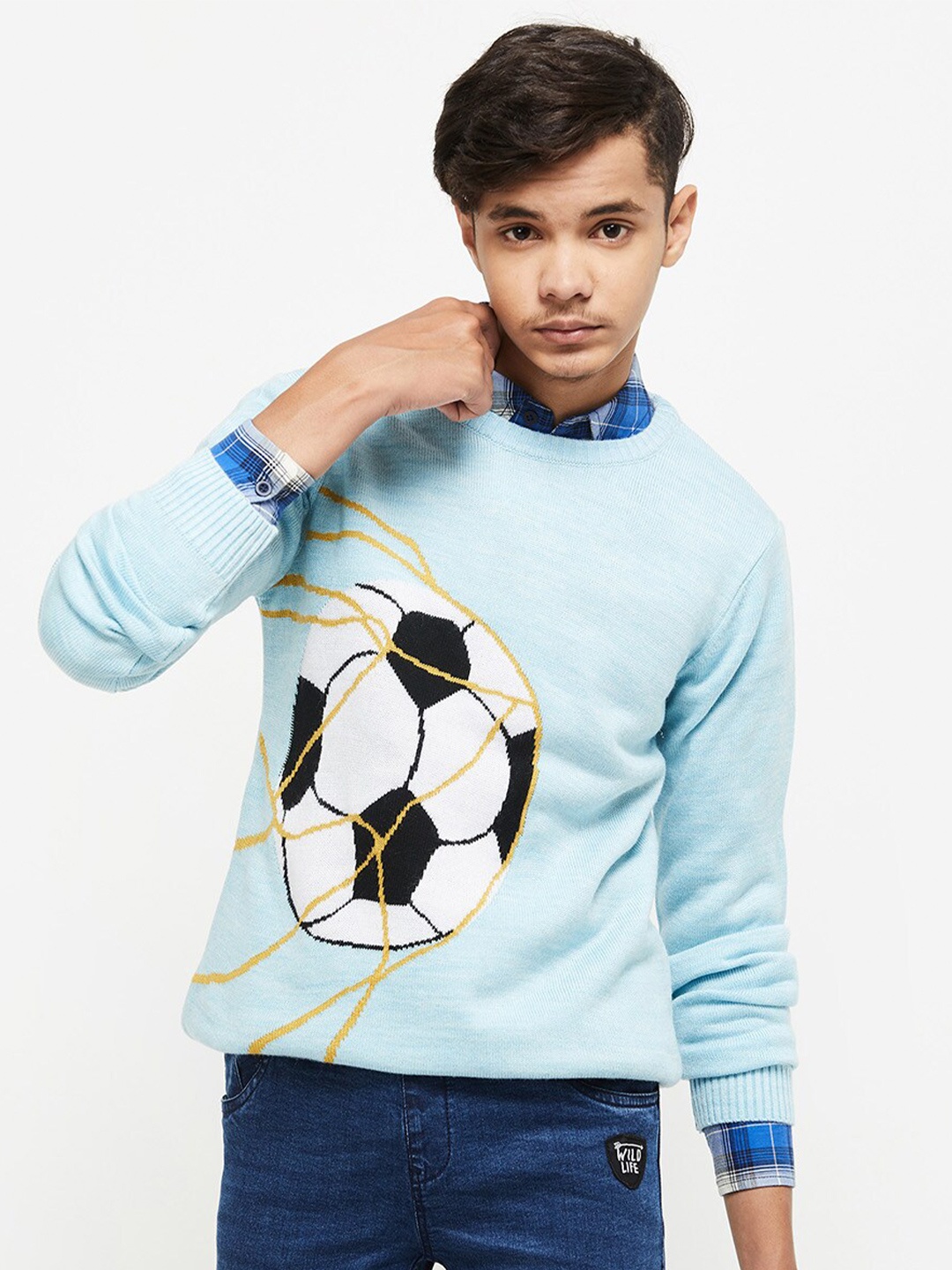 

max Boys Blue & Black Printed Acrylic Pullover