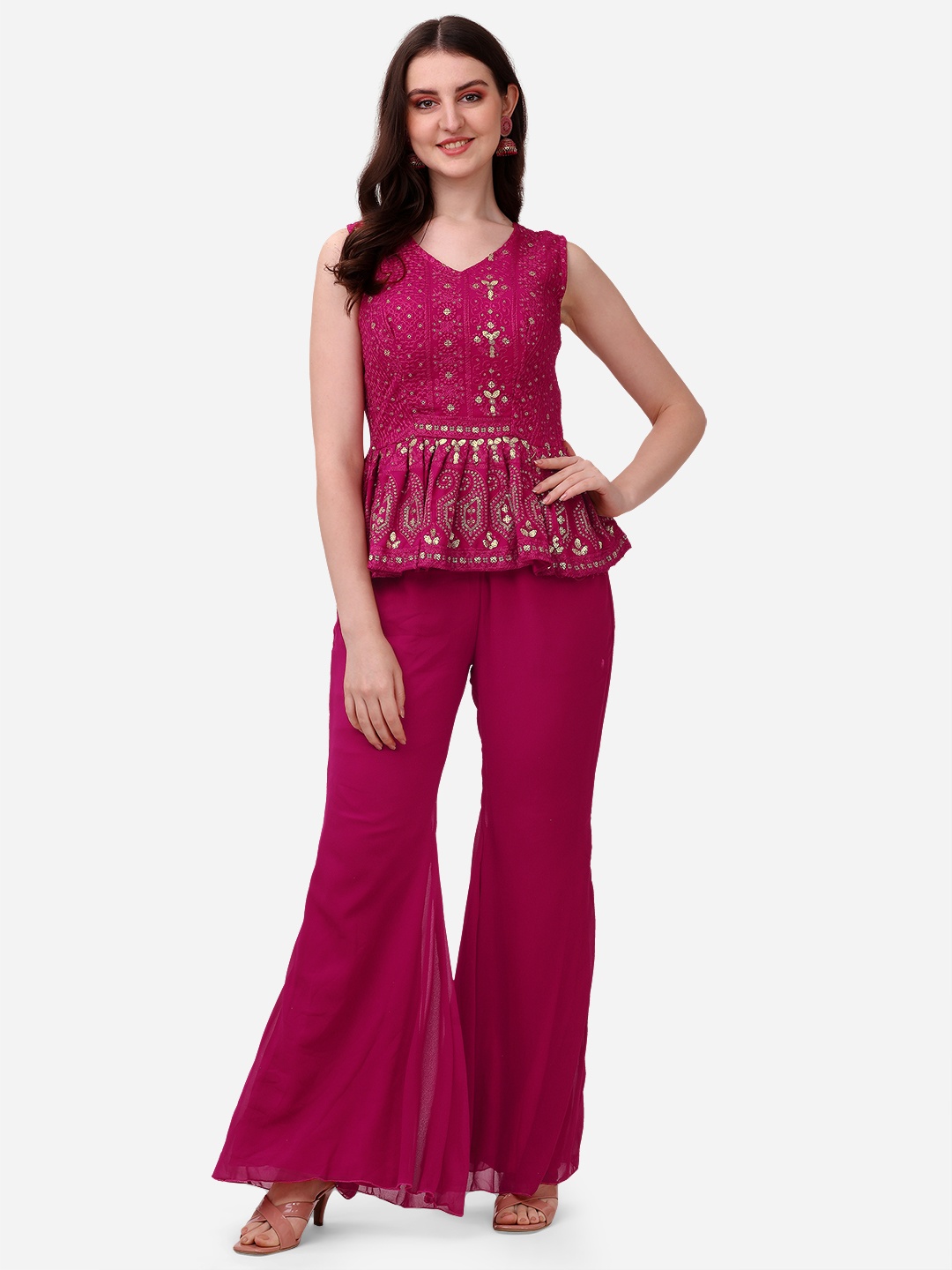 

Tikhi Imli Women Fuchsia & Gold Embroidered Peplum Kurti with Palazzo