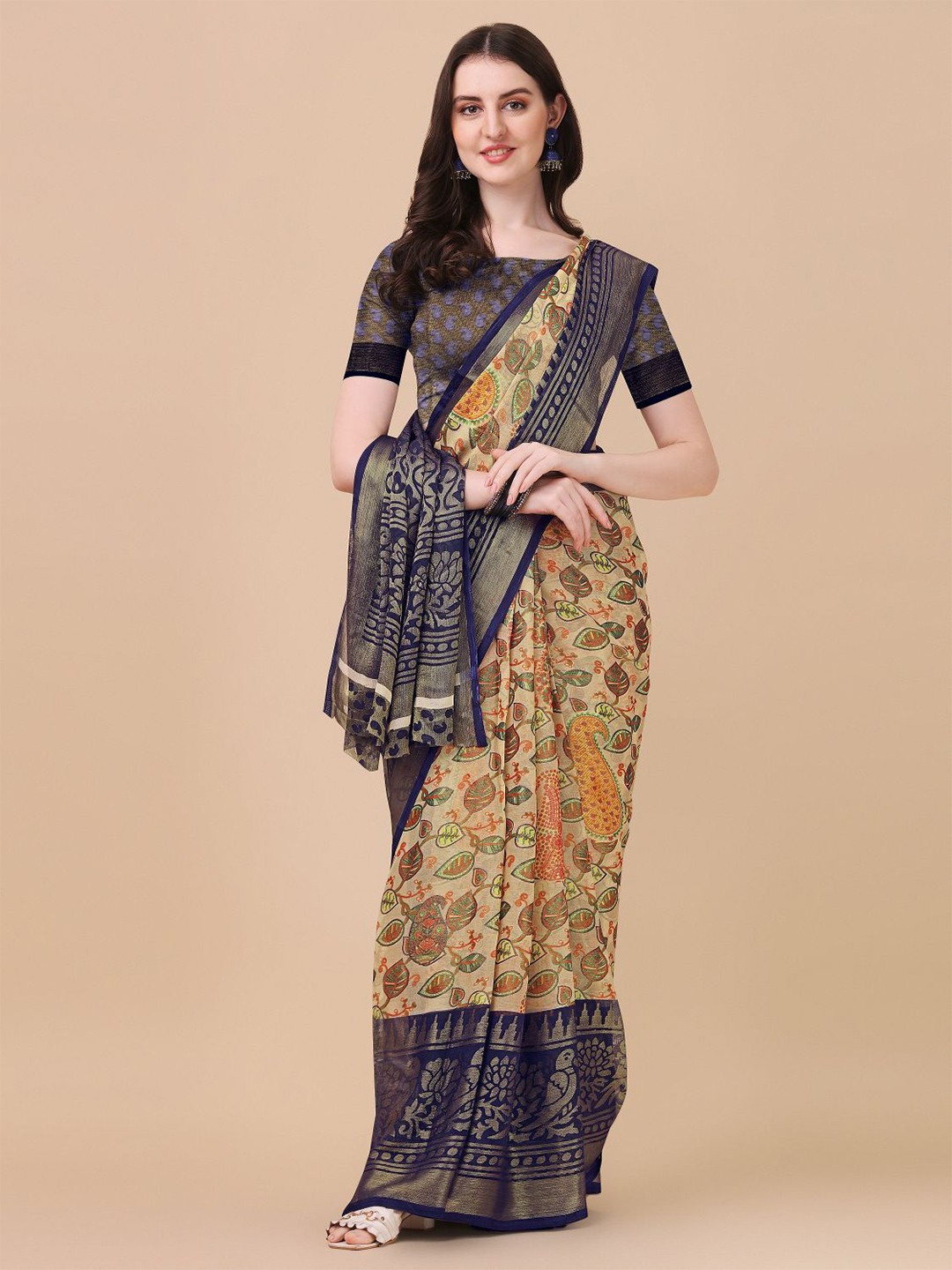 

KALINI Navy Blue & Cream-Coloured Floral Zardozi Brasso Block Print Saree