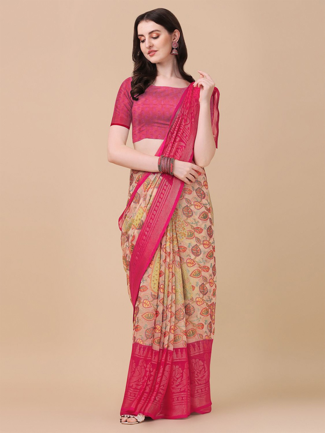 

KALINI Pink & Gold-Toned Ethnic Motifs Brasso Block Print Saree