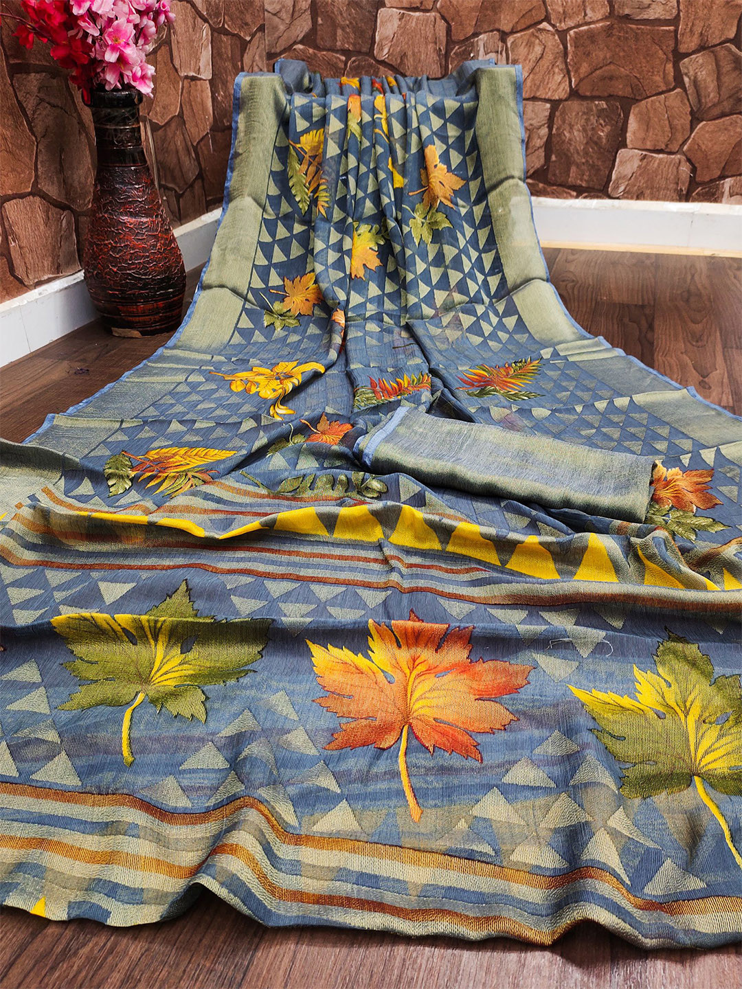 

KALINI Grey & Yellow Floral Brasso Block Print Saree