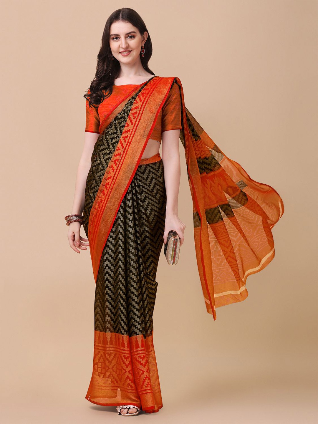 

KALINI Red & Black Zari Brasso Block Print Saree