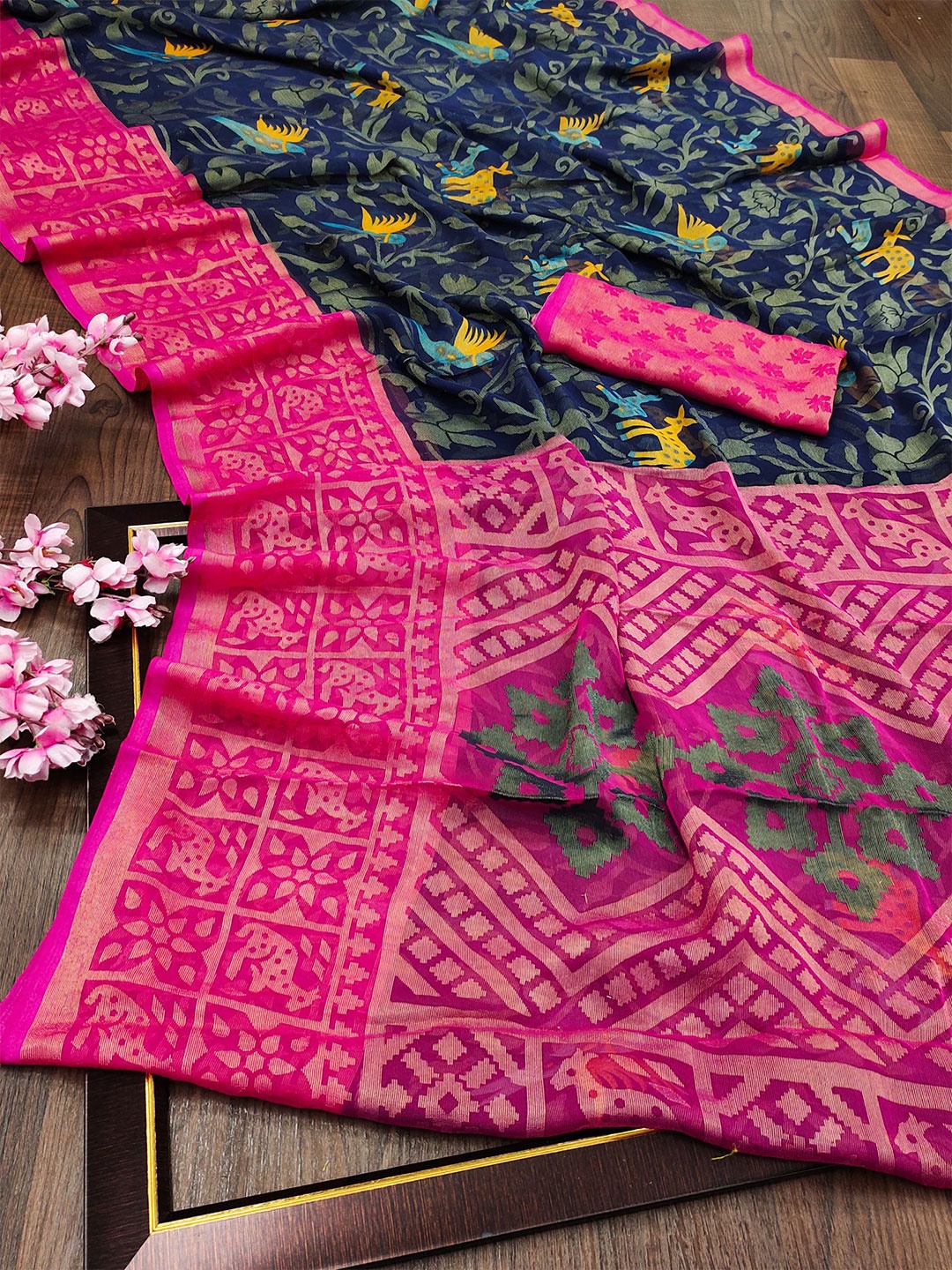 

KALINI Navy Blue & Pink Floral Zari Brasso Block Print Saree