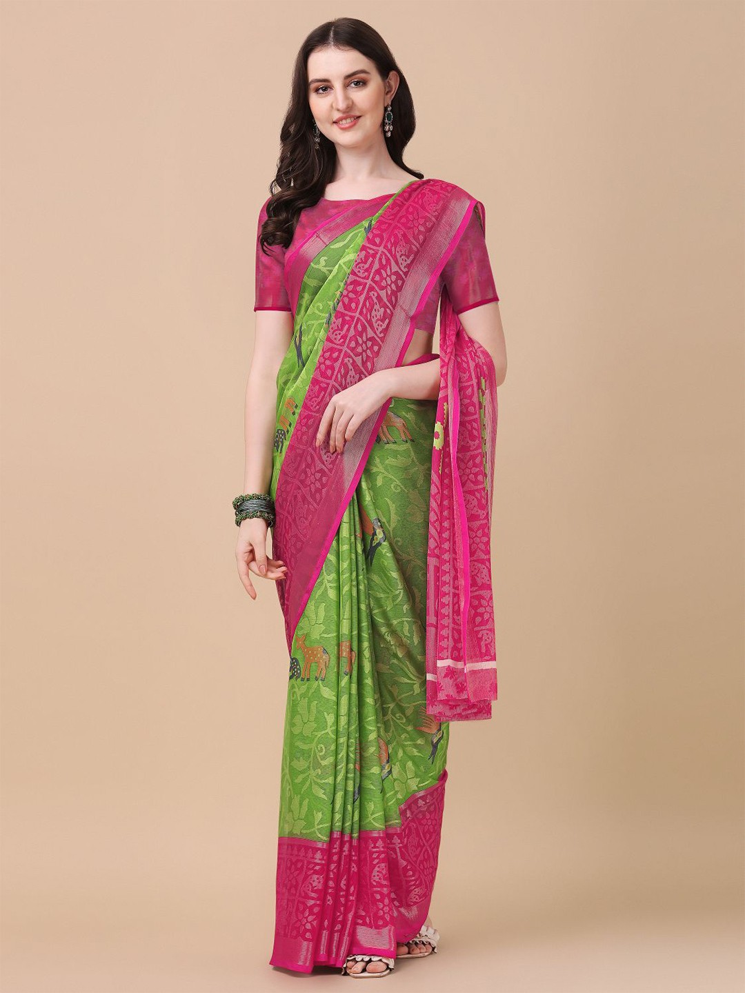 

KALINI Green & Pink Floral Zari Brasso Block Print Saree