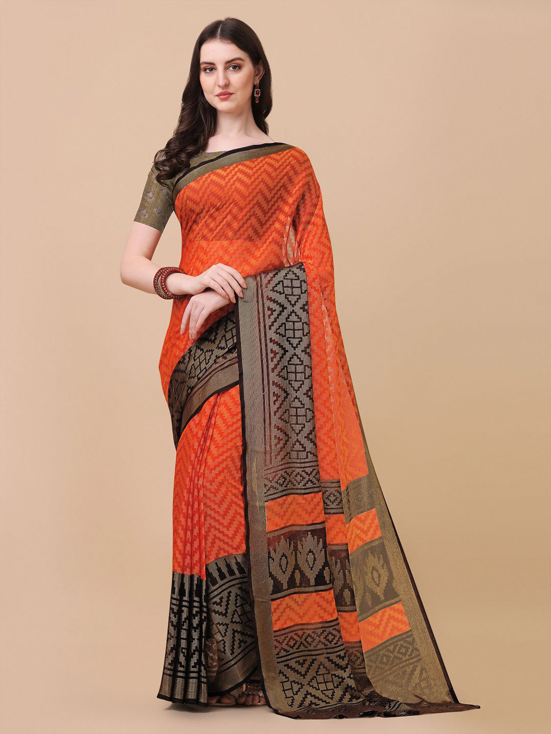 

KALINI Black & Orange Zari Brasso Block Printed Saree