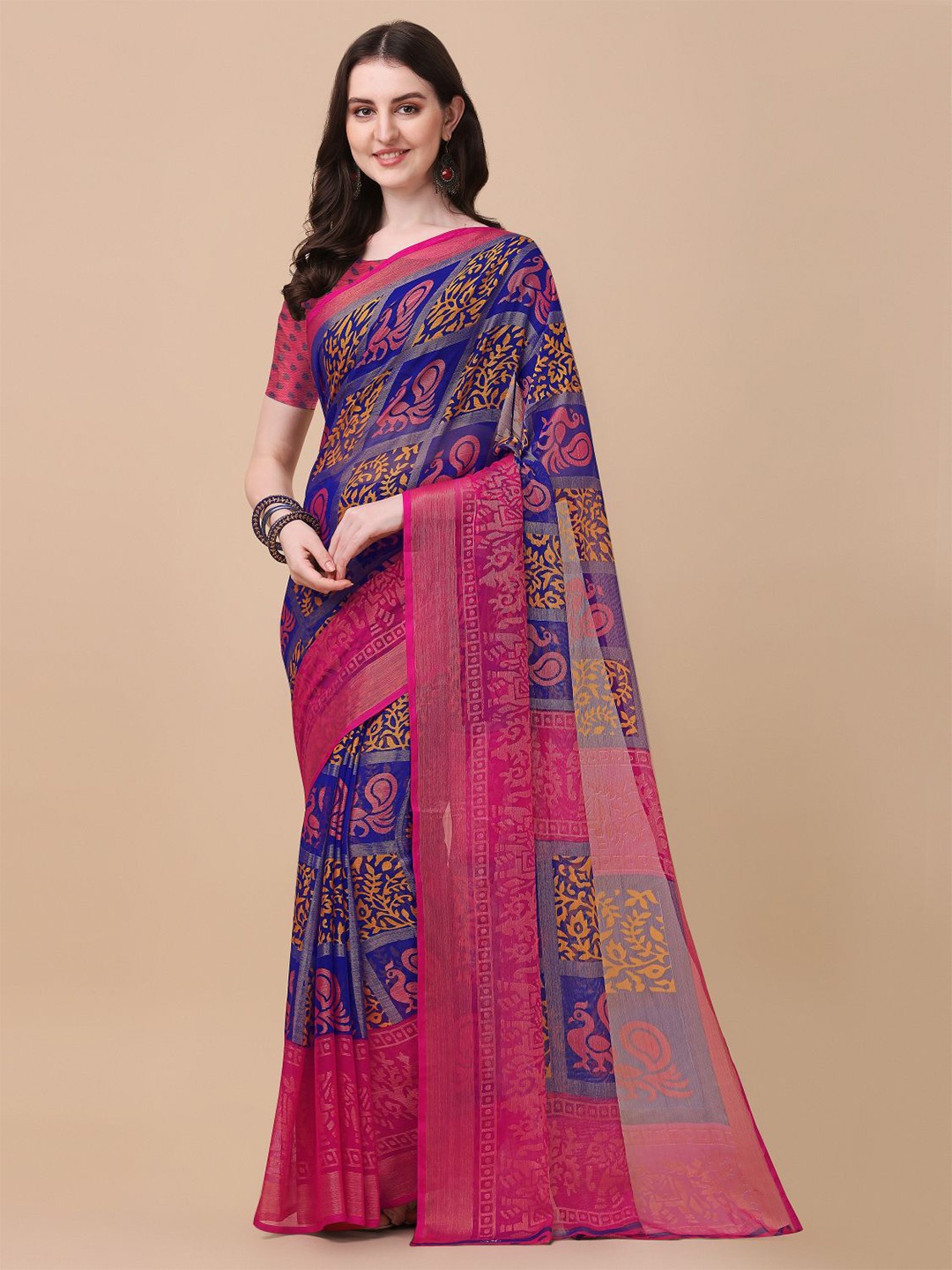 

KALINI Blue & Pink Floral Printed Zari Brasso Saree