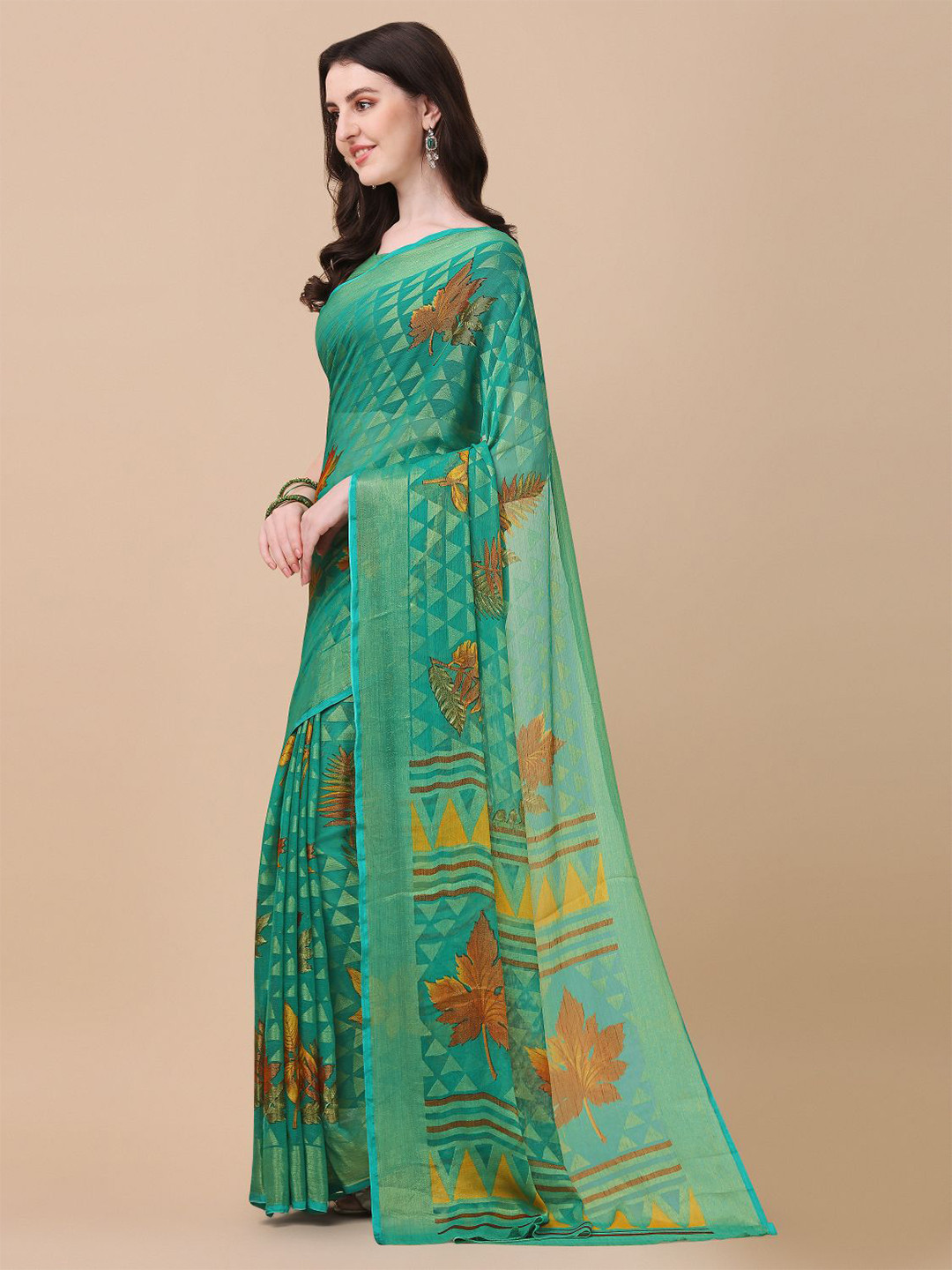 

KALINI Green & Yellow Floral Zari Brasso Block Print Saree