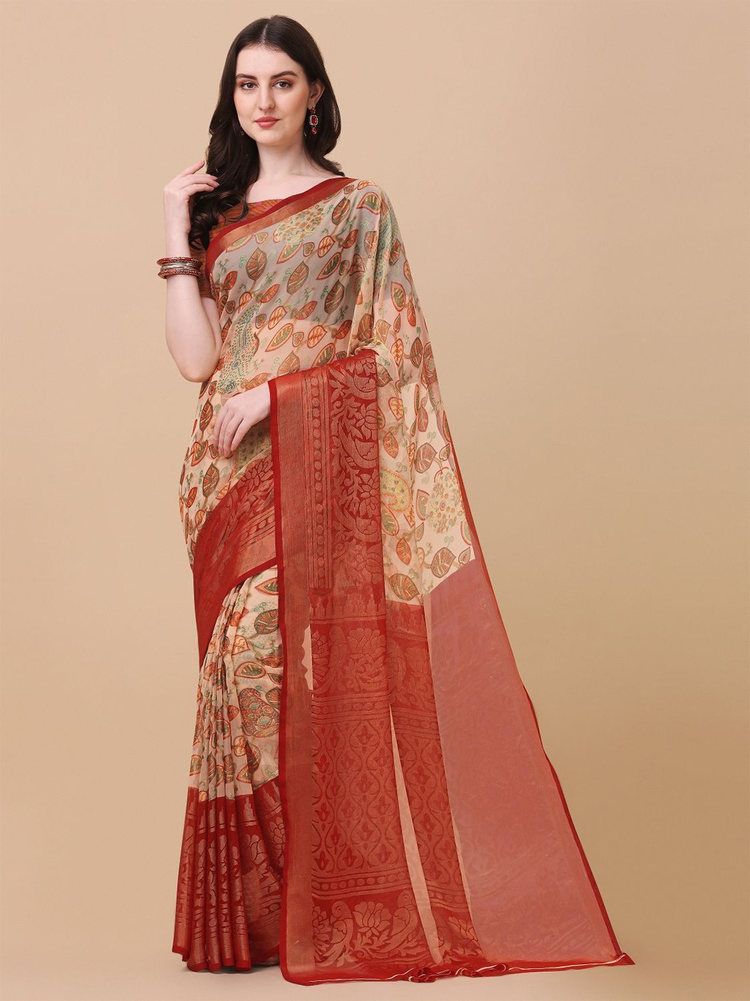 

KALINI Red & Beige Floral Zari Brasso Block Print Saree