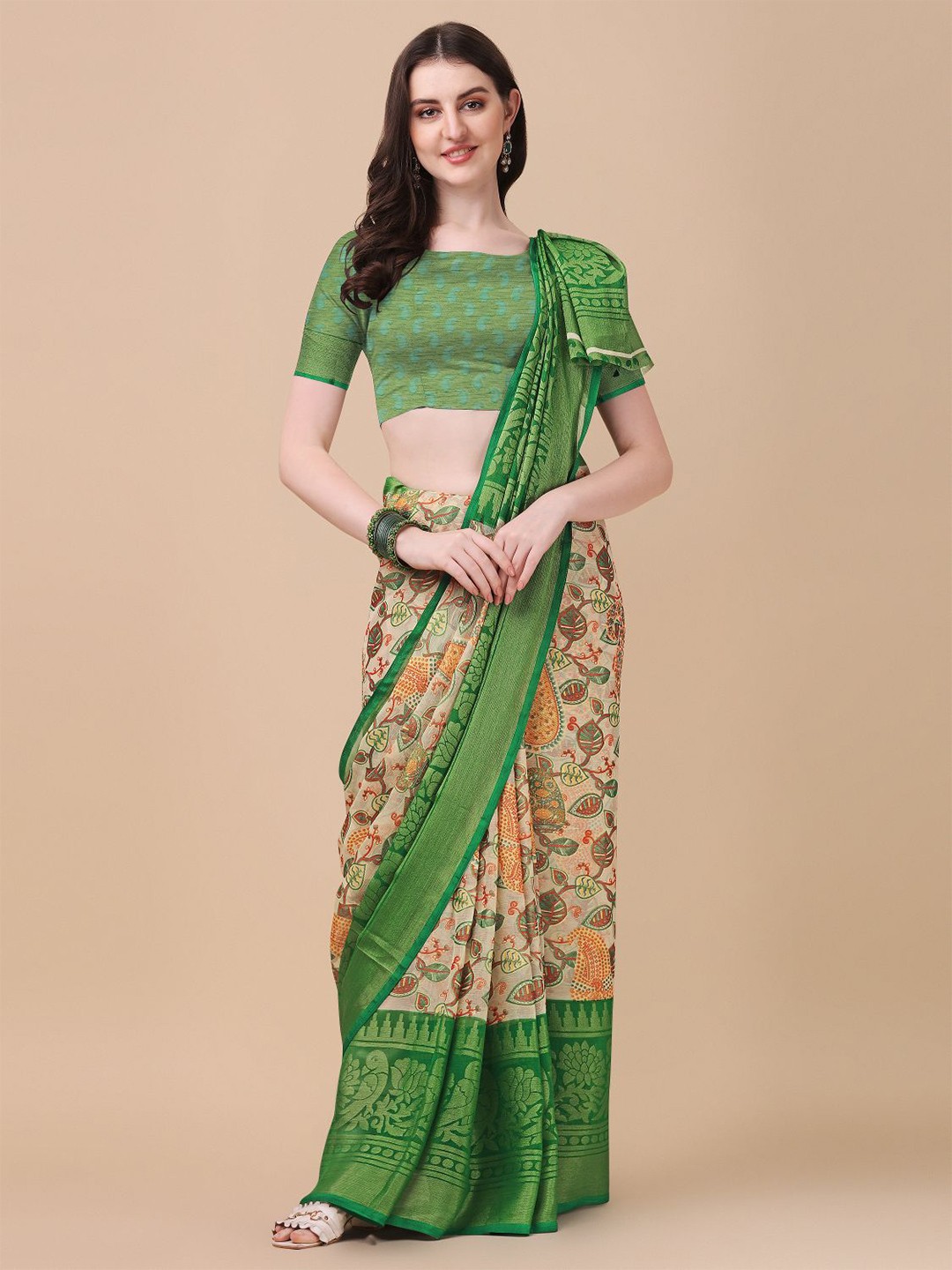

KALINI Green & Beige Floral Zari Brasso Block Print Saree