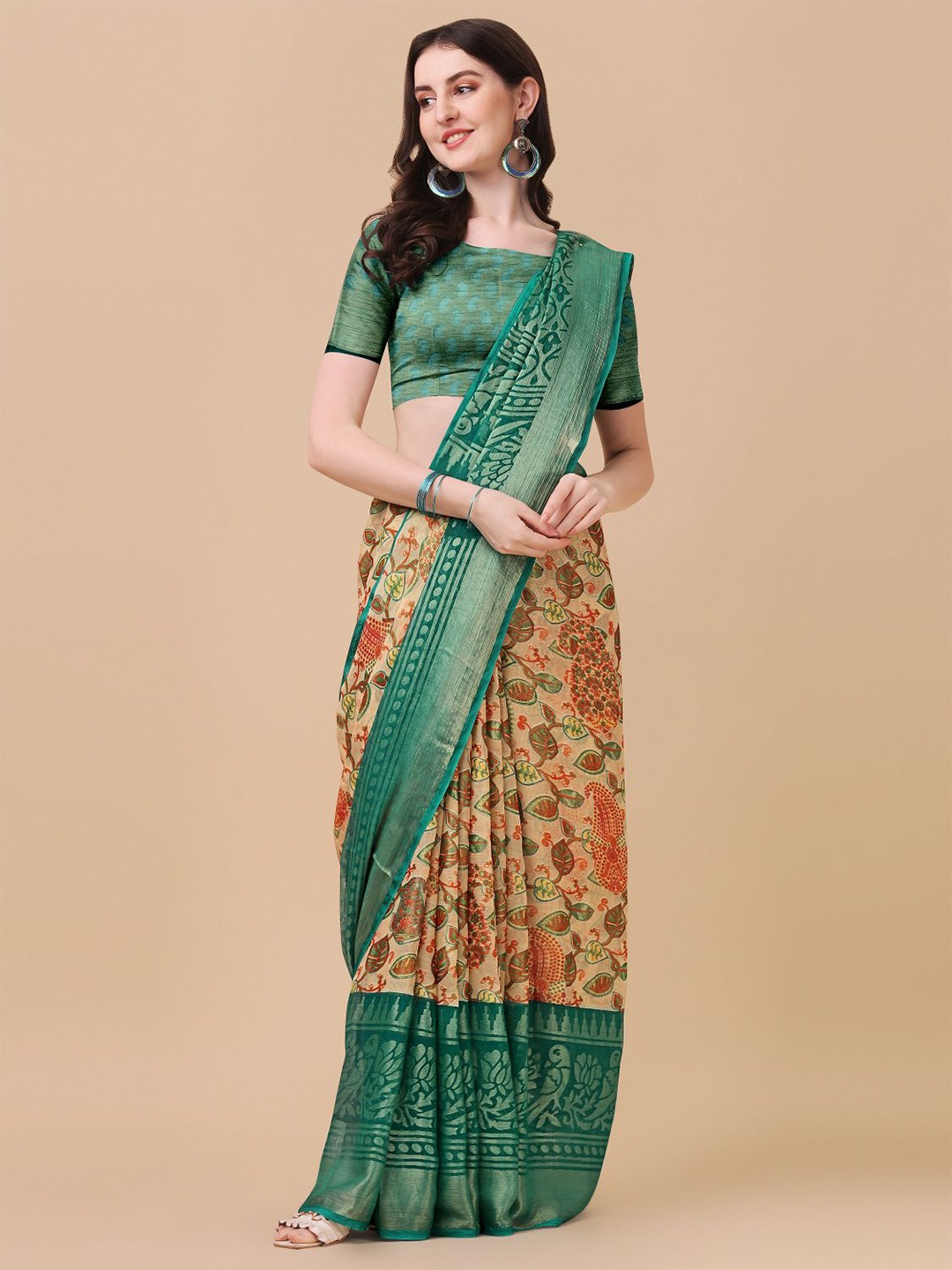 

KALINI Sea Green & Beige Floral Zari Brasso Block Print Saree