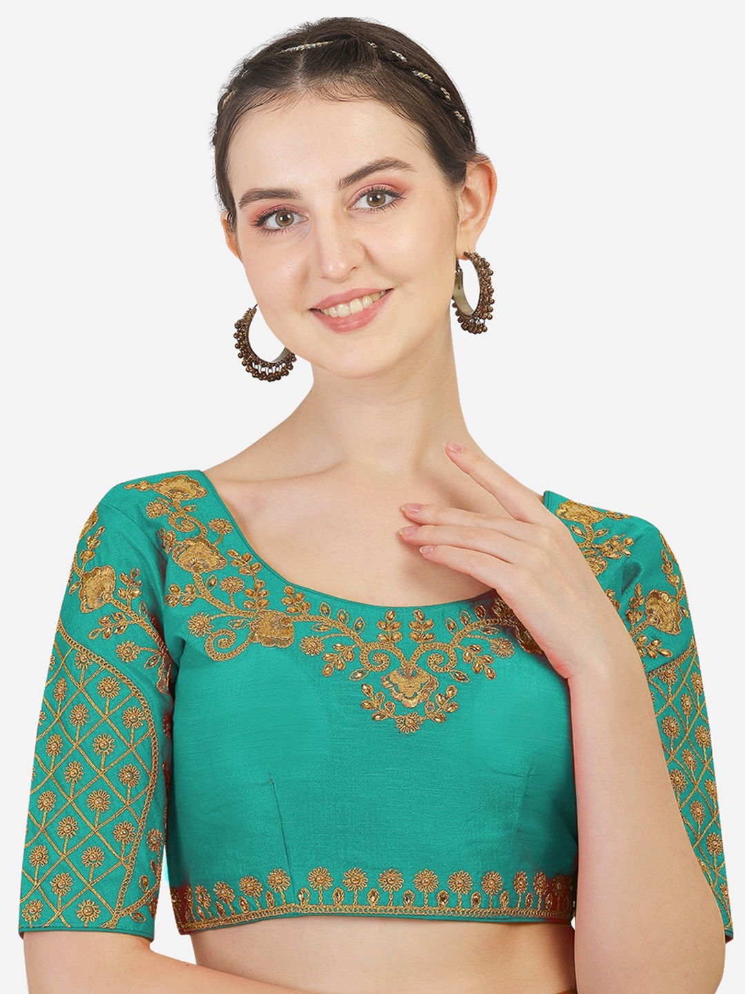 

Sumaira Tex Sea Green & Gold-Coloured Embroidered Silk Saree Blouse