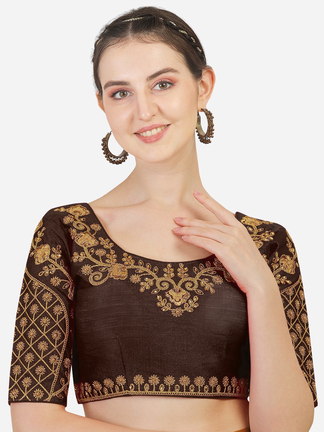 

Sumaira Tex Coffee Brown & Gold-Coloured Embroidered Saree Blouse