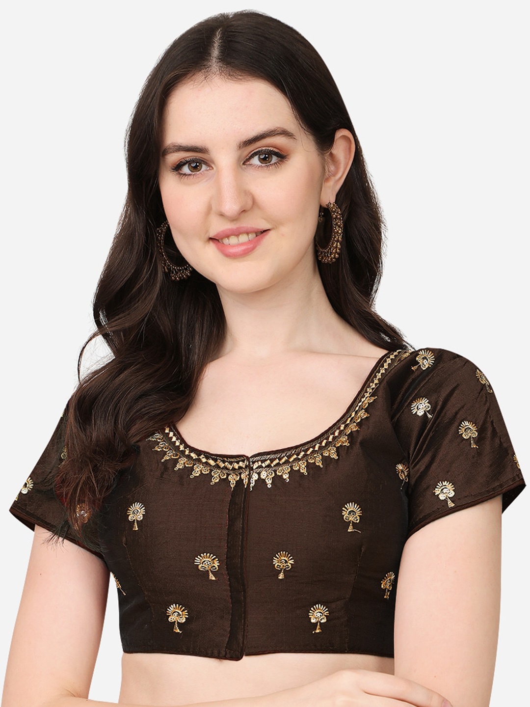 

Sumaira Tex Coffee Brown & Gold-Coloured Embroidered Saree Blouse