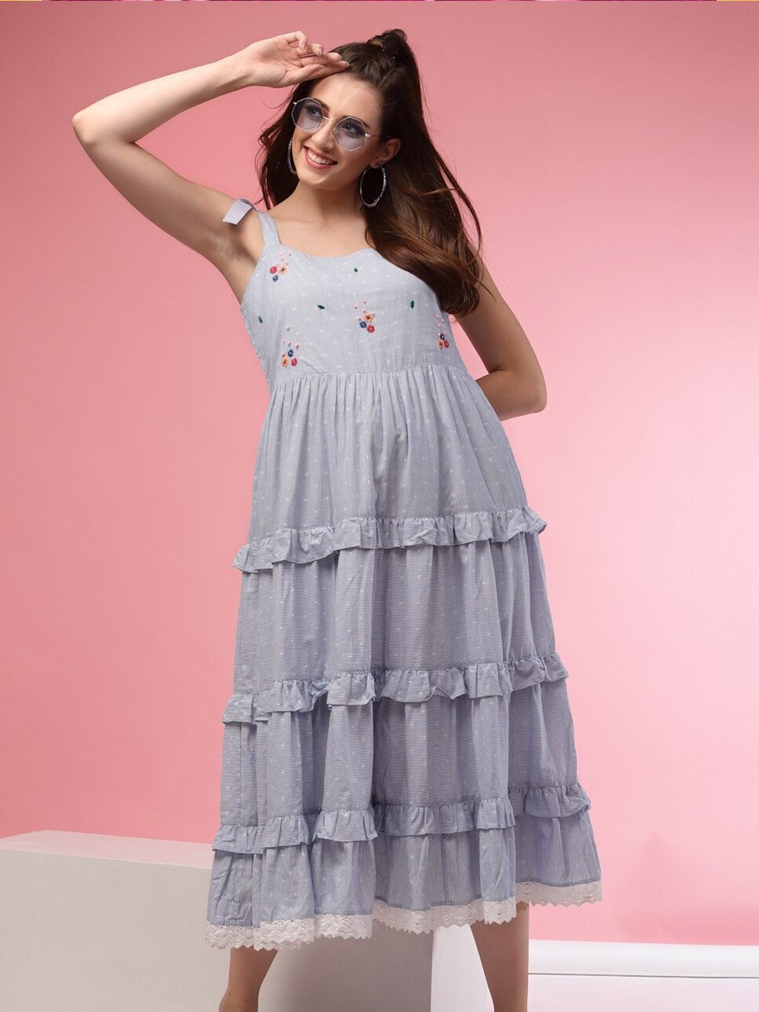 

TERQUOIS Women Grey & White Cotton Midi Dress