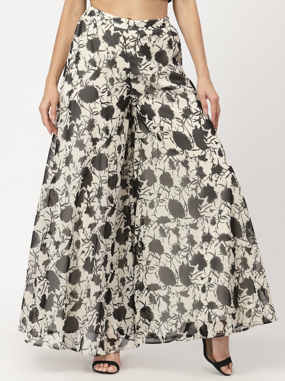 

Just Wow Women Black & Cream-Coloured Floral Printed Flared Georgette Palazzos