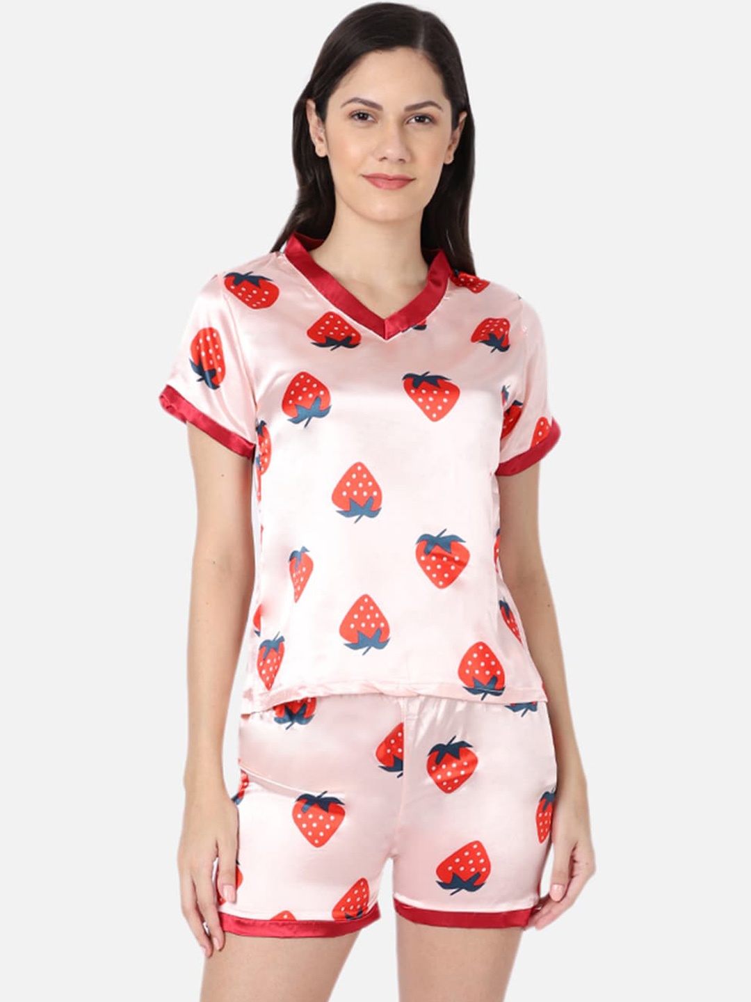 

GRACIT Women Pink & Red Printed Night suit