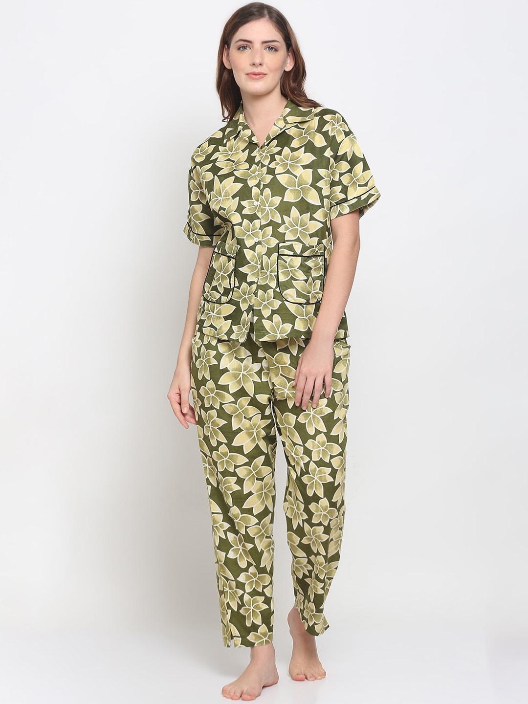 

GRACIT Women Green & Cream-Coloured Floral Printed Pure Cotton Night suit