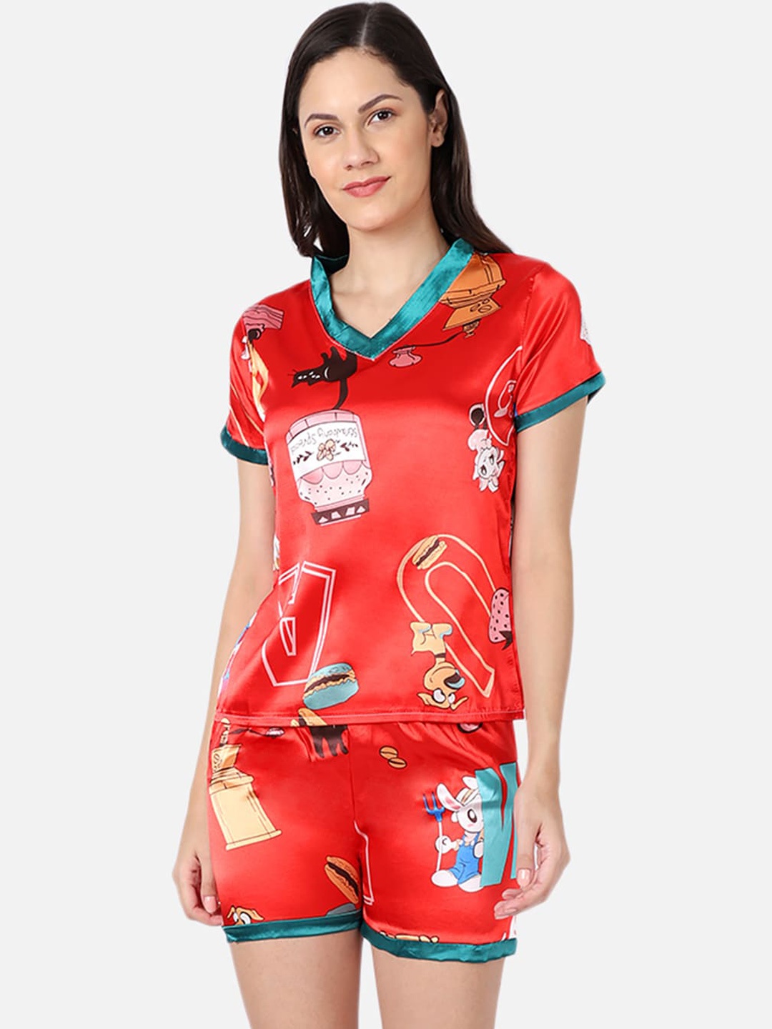 

GRACIT Women Red & Blue Printed Night suit