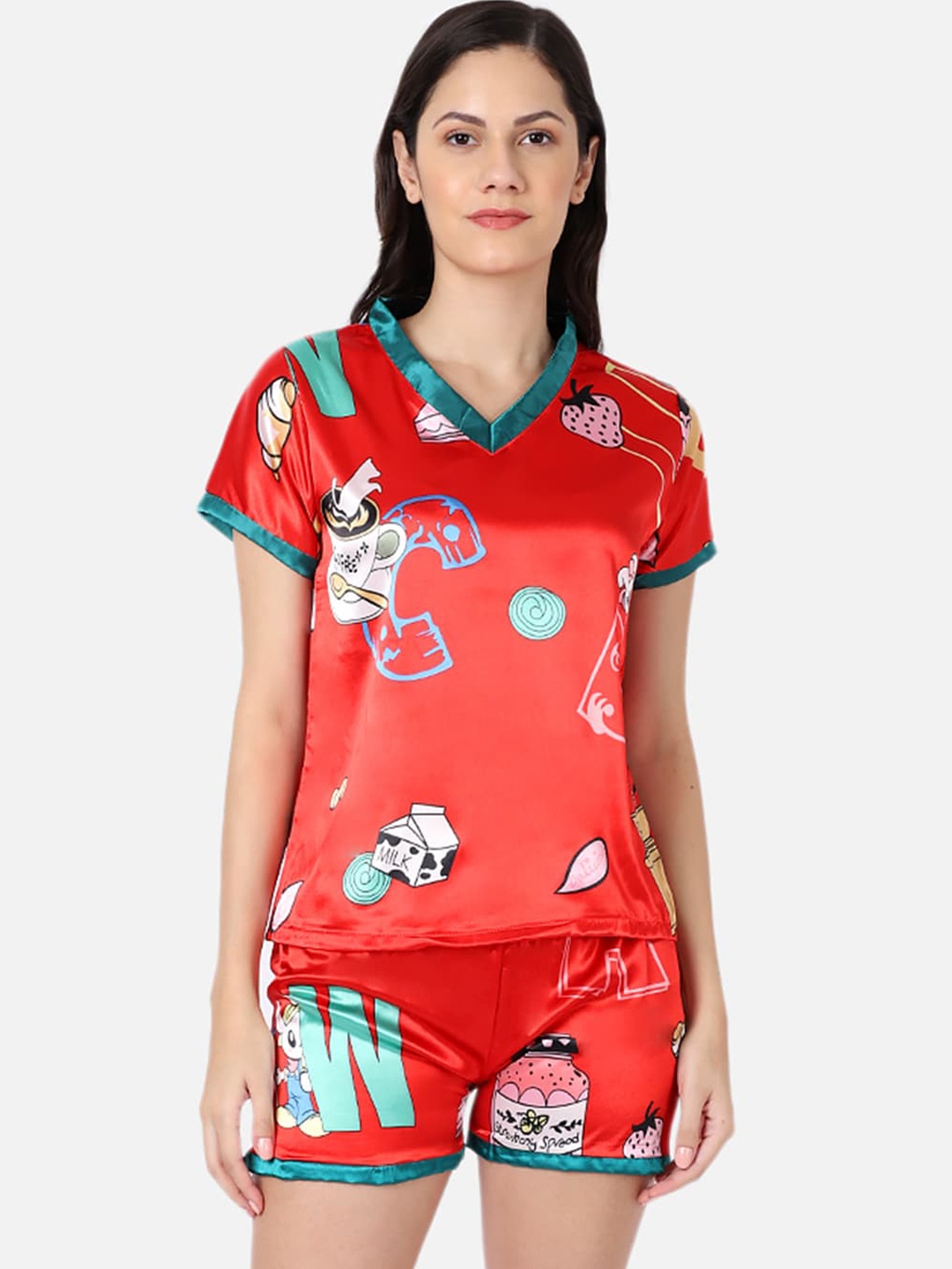 

GRACIT Women Red & Blue Printed Nightsuit